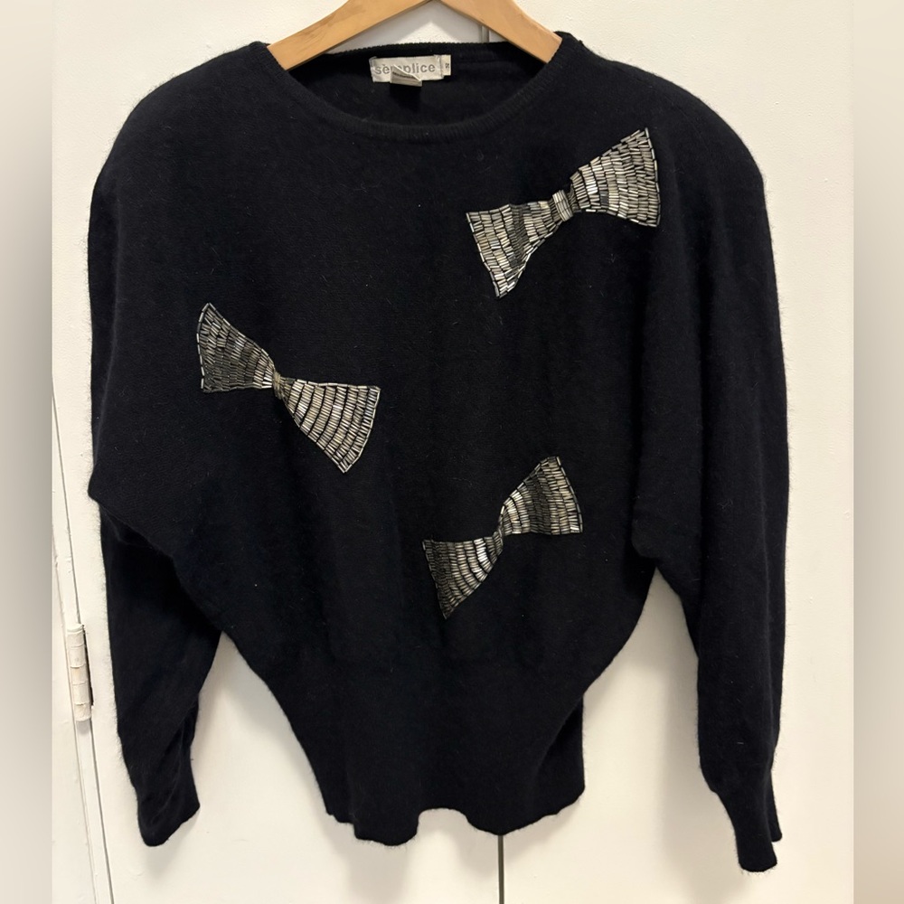 Semplice Vintage Wool Sweater with Silver Beaded Bows SZ S